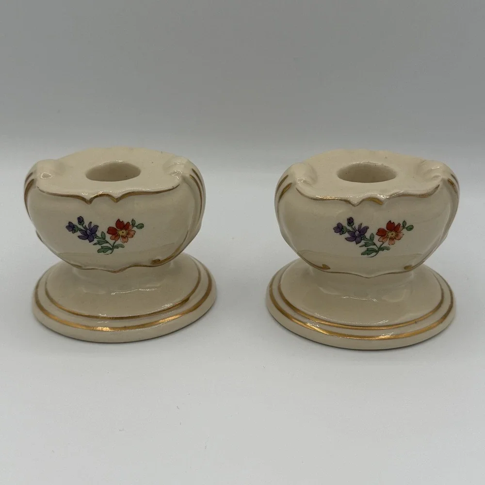 Set of 2 Vintage Princeton China Cream Floral Gold Taper Candle Holders